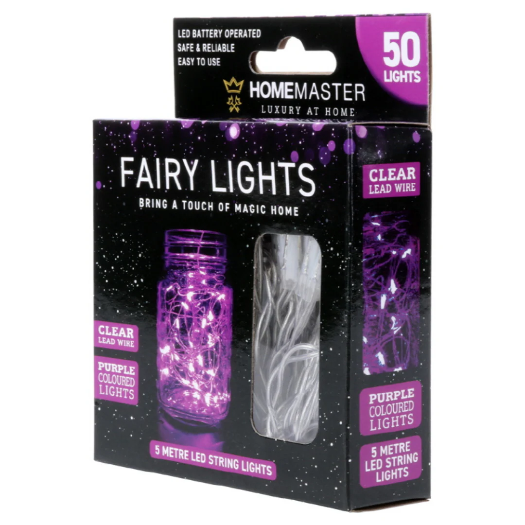 Fairy Lights Battery Operated 50 LED 5m Purple Colour 2 Function Clear Wire