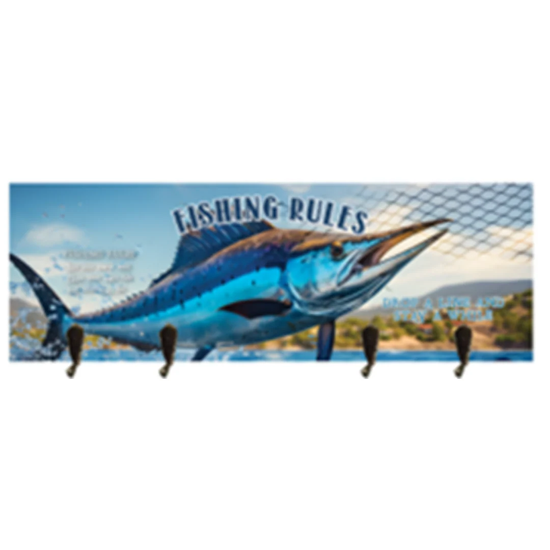 Fishing Wooden Key Holders Four Hook 2 Hooks at the Back to Hang 35.5x12x0.8cm Assorted - Image 2