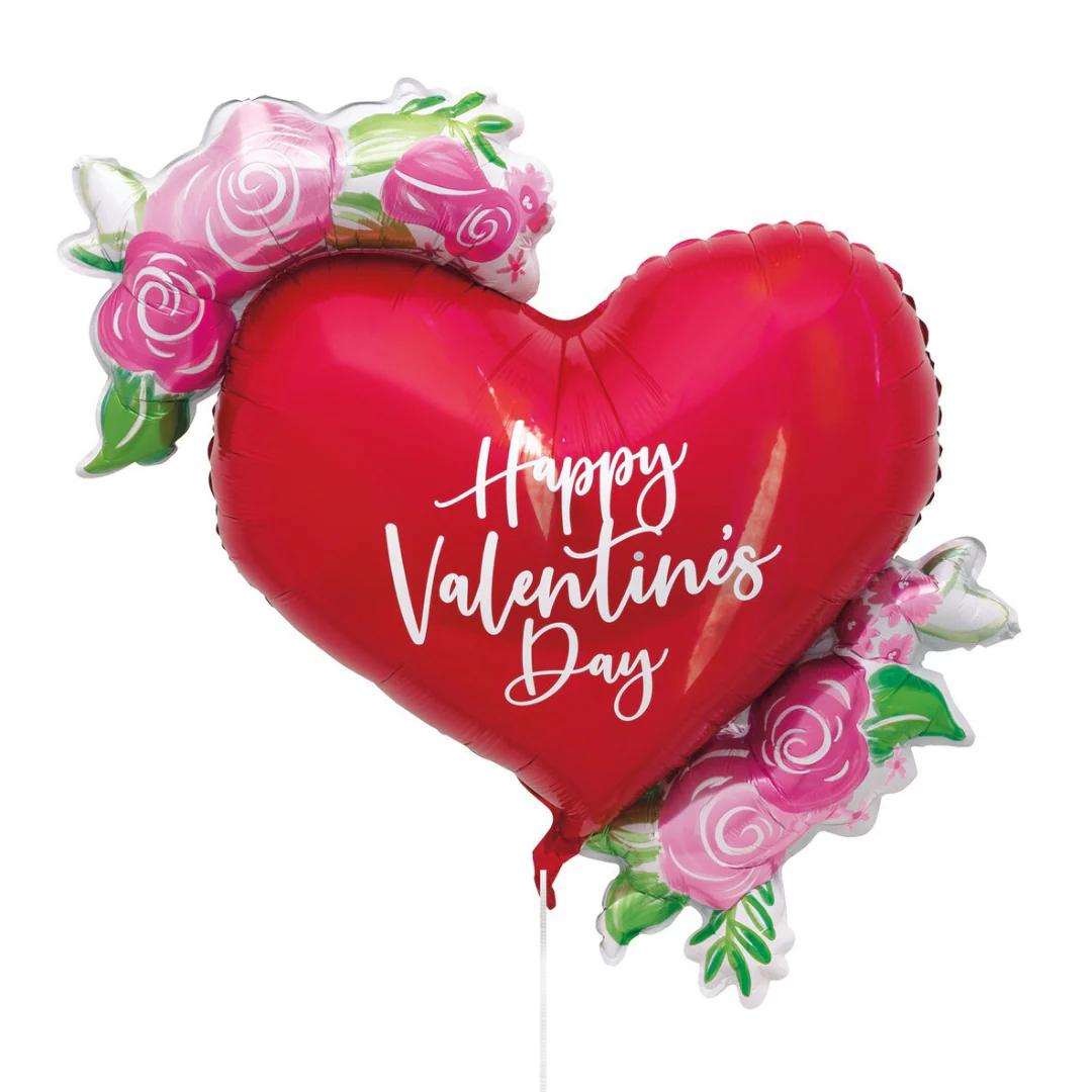 Foil Balloon With Ribbon Flowerly Happy Valentines Day Heart