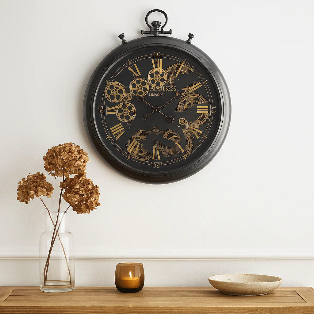French Chronograph Exposed Gear Wall Clock 62cm Black