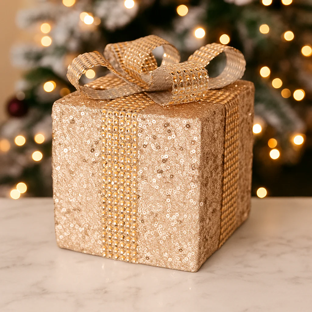 Gift Box Tree Ornament 8x10cm Champagne