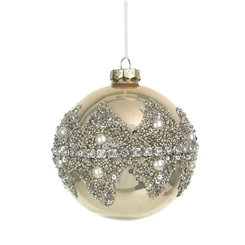 Glass Bauble 10cm Champagne with Pearl And Glitter Finish
