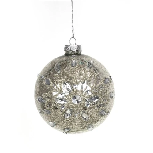 Glass Bauble 10cm Silver with Pearl & Crystal Finish