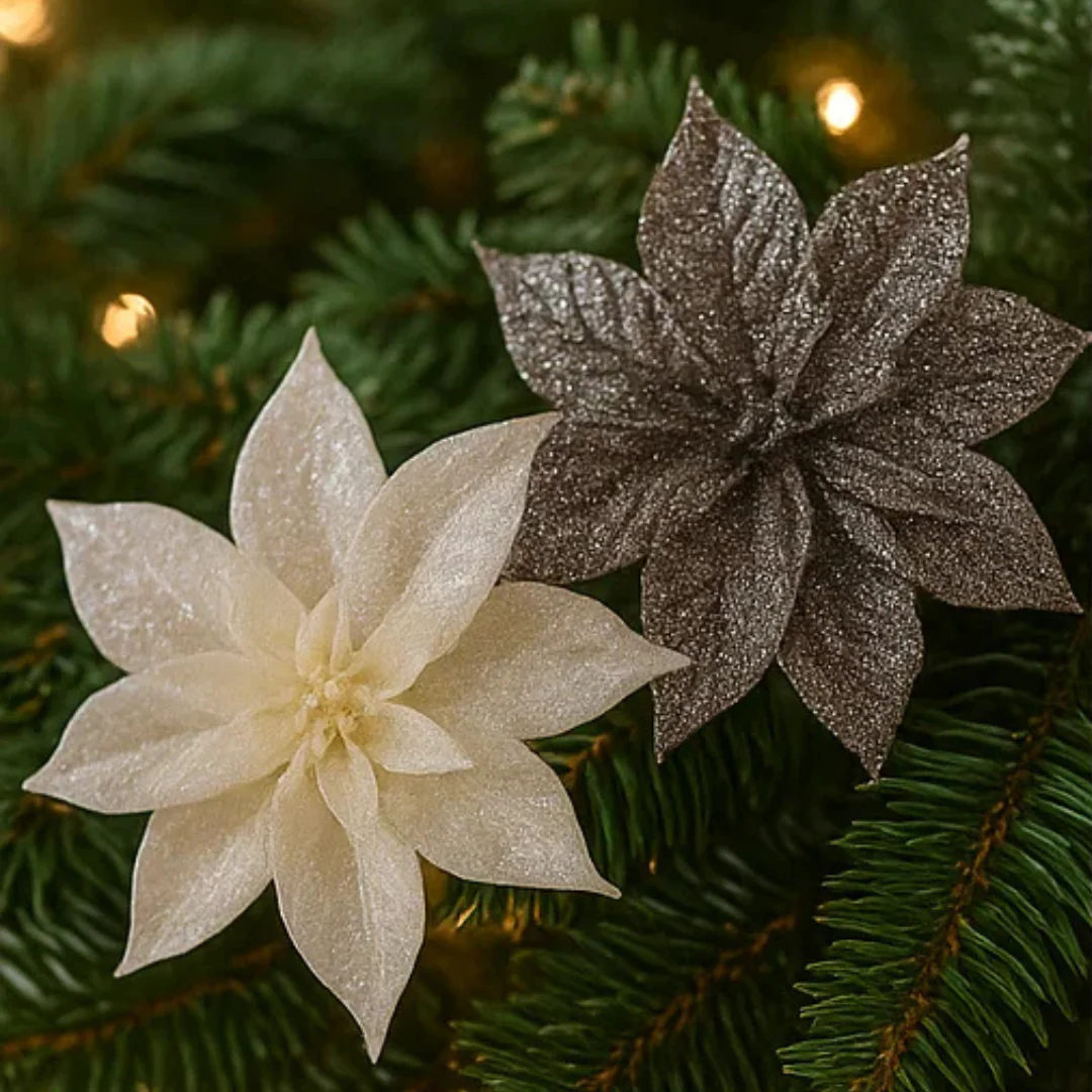 Glitter Poinsettia Flower with Clip 8cm 3pk White Silver