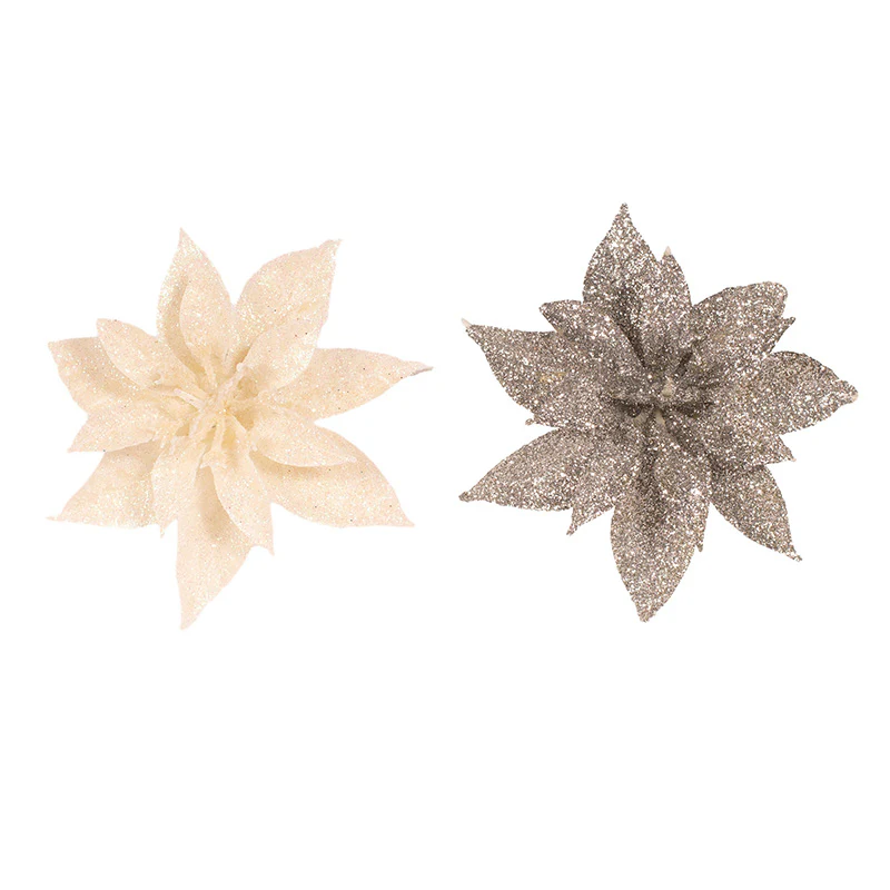 Glitter Poinsettia Flower with Clip 8cm 3pk White Silver - Image 3