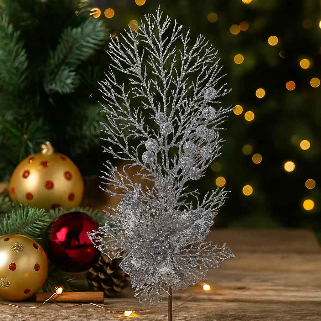 Glitter Stem with Poinsettia with 47cm Stem Silver
