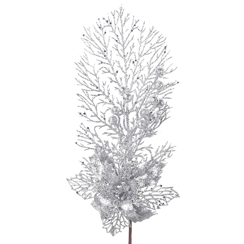 Glitter Stem with Poinsettia with 47cm Stem Silver - Image 2
