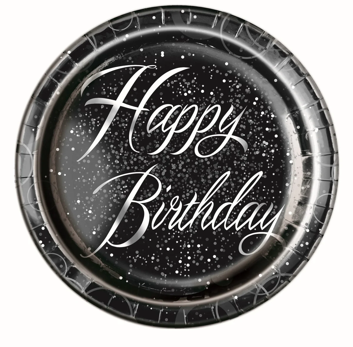 Glitz Silver Happy Birthday 8 x 23cm (9") Foil Stamped Paper Plates