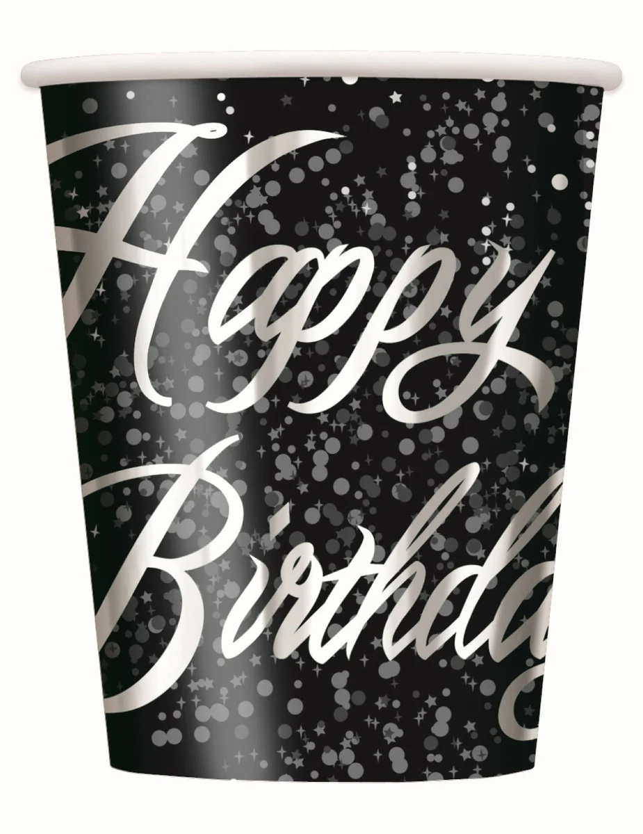 Glitz Silver Happy Birthday 8 x 270ml (9oz) Foil Stamped Paper Cups
