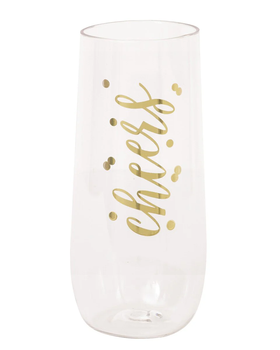 Gold Foil Stamped inCheersin Plastic Stemless Champagne Glass 266ml (9oz)