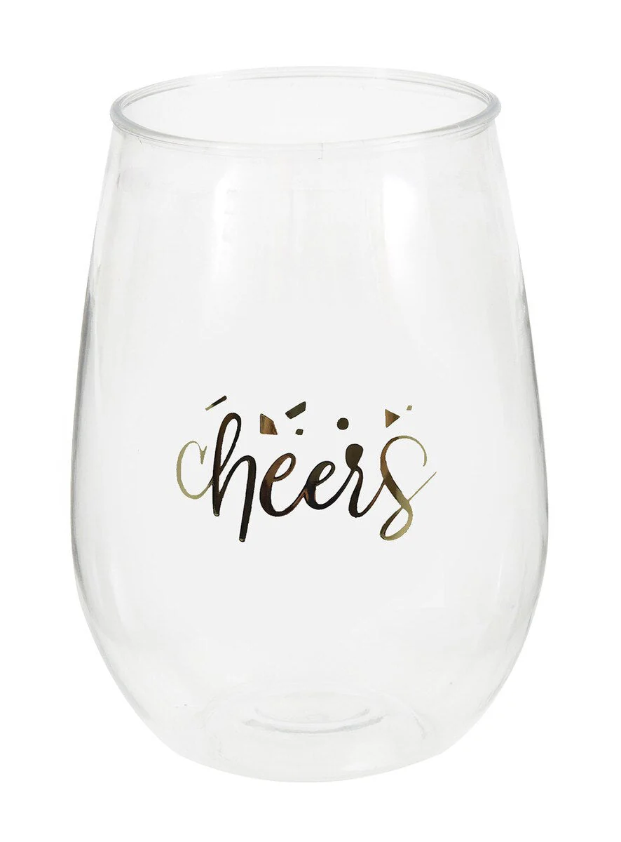 Gold Foil Stamped inCheersin Plastic Stemless Wine Glass 443ml (15oz)