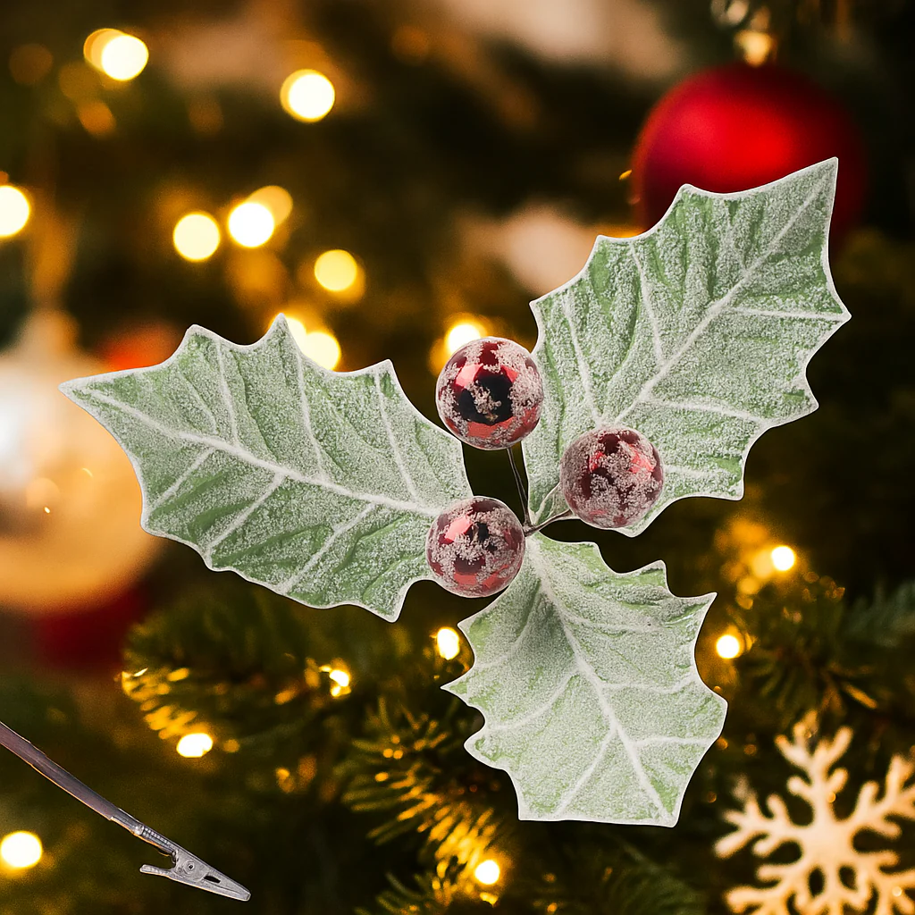 Green Frosted Holly Berry with Clip 30cmD