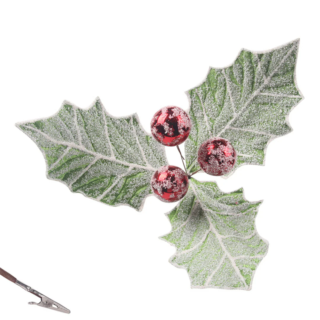 Green Frosted Holly Berry with Clip 30cmD - Image 2