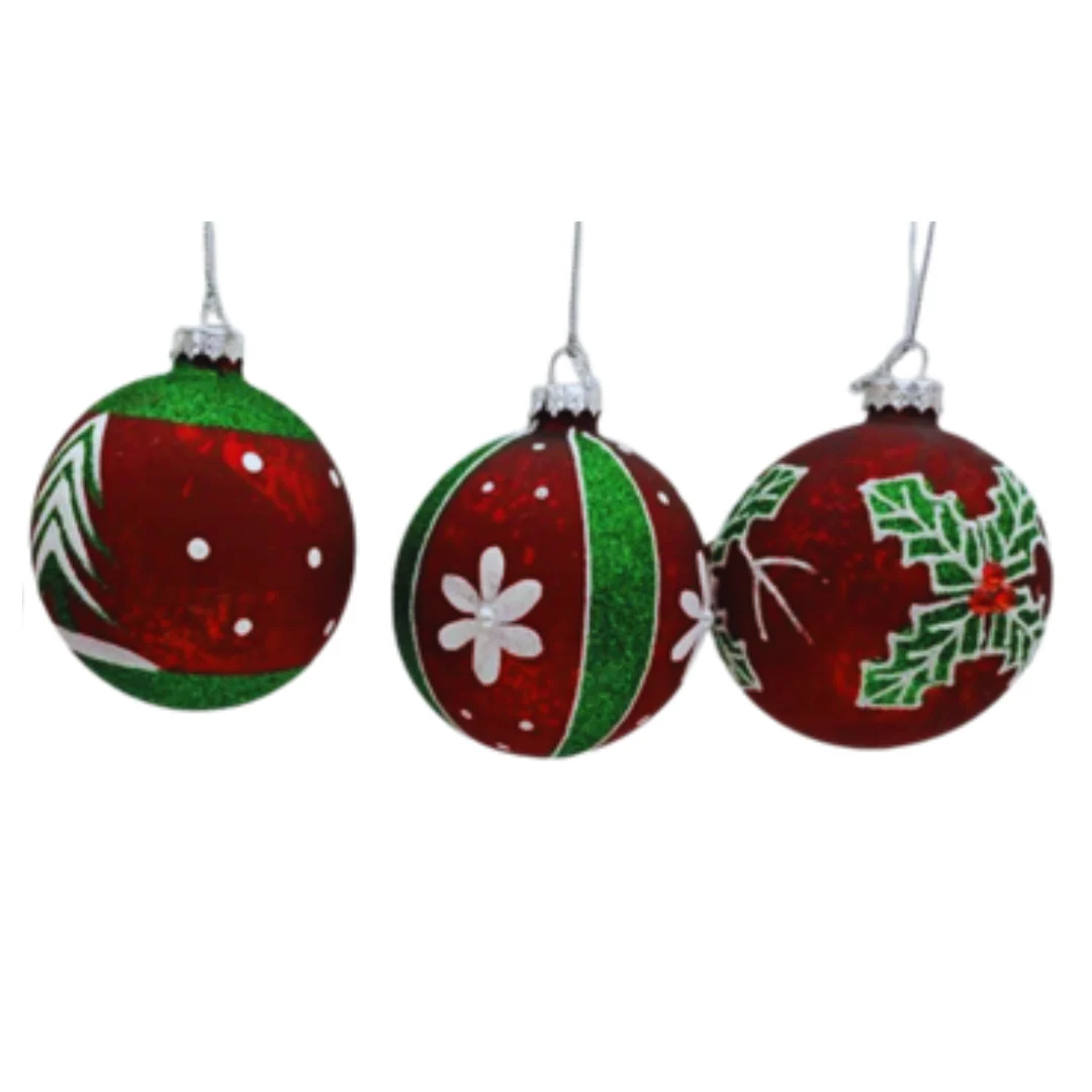 Hand-Painted Glitter Glass Bauble 8cm Red and Green Assorted
