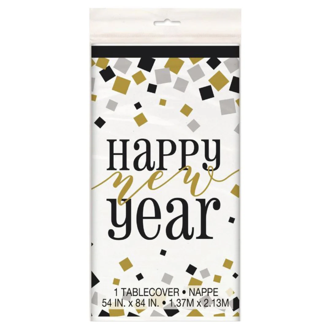 Black, Gold & Silver Happy New Year Tablecover 137cm x 213cm (54in x 84in)