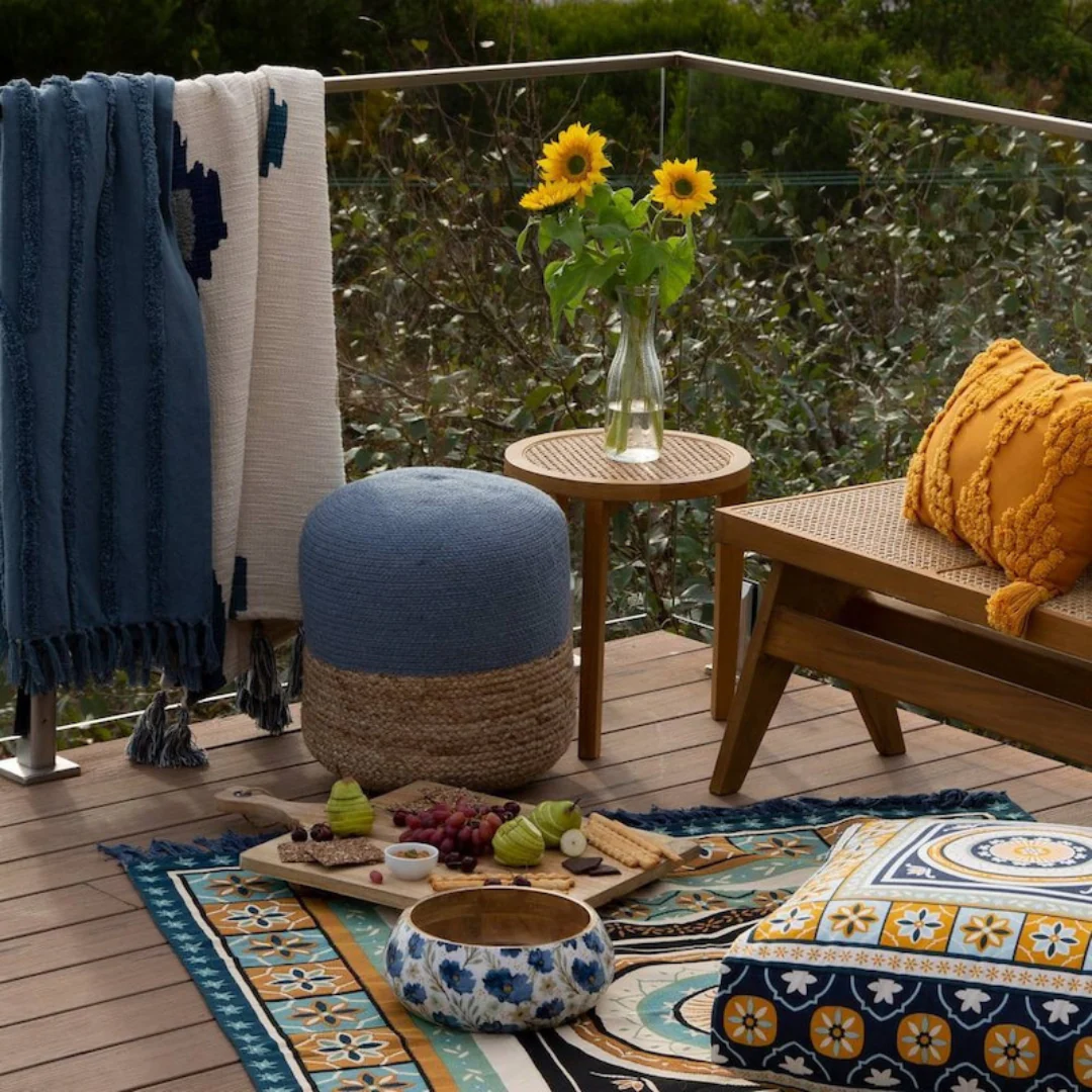 Henri Ottoman Natural and Steel Blue 45x45x40cm - Image 5