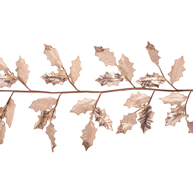Holly Leaf Garland with Icing Finish 120cm Champagne - Image 2