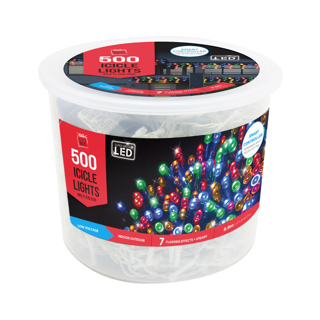 LED Icicles Flashing 500 Multi Tub 9.9mt Lite Length 5mt cord