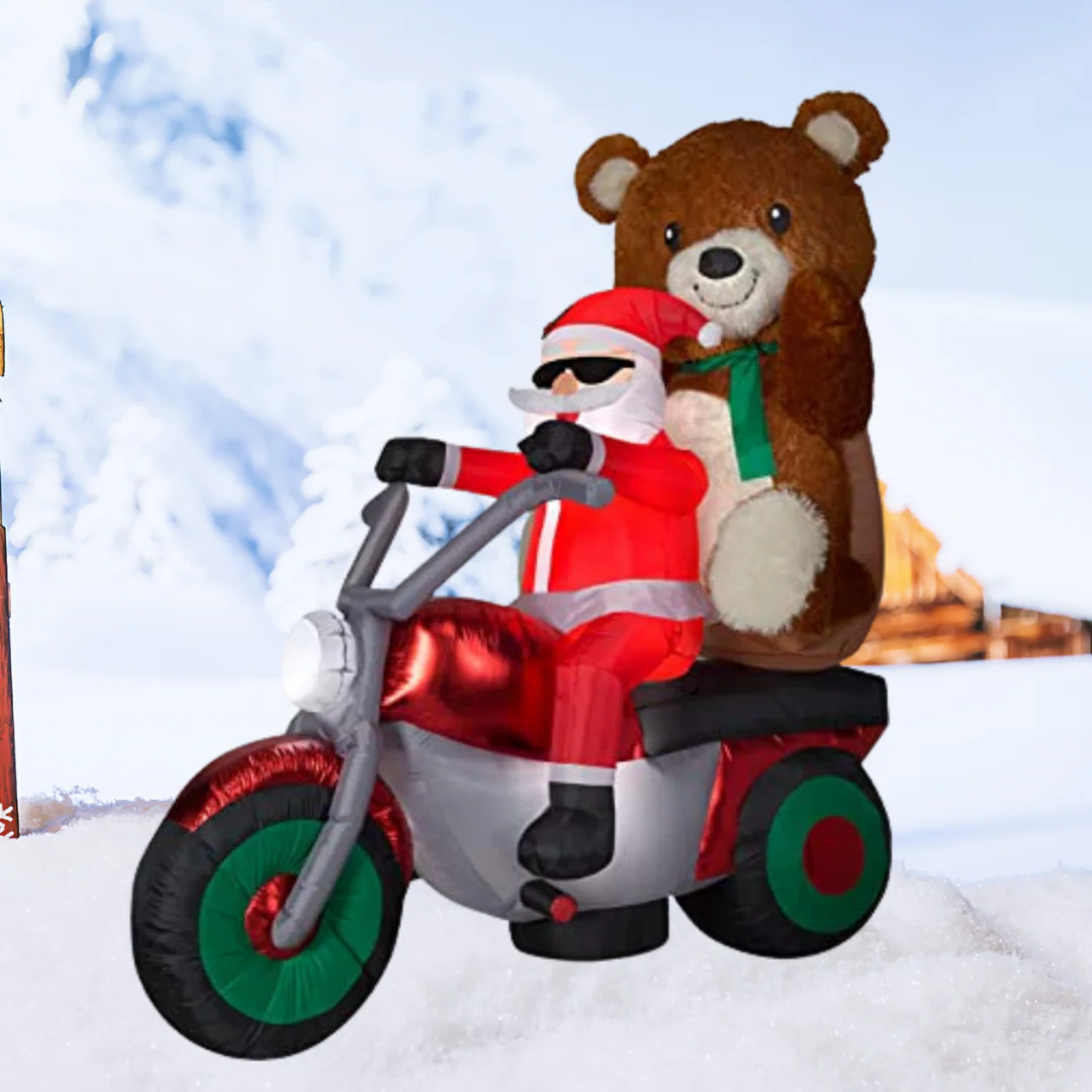 Inflatable Deluxe Cruising Santa on Bike with Plush Bear Passenger 167cm