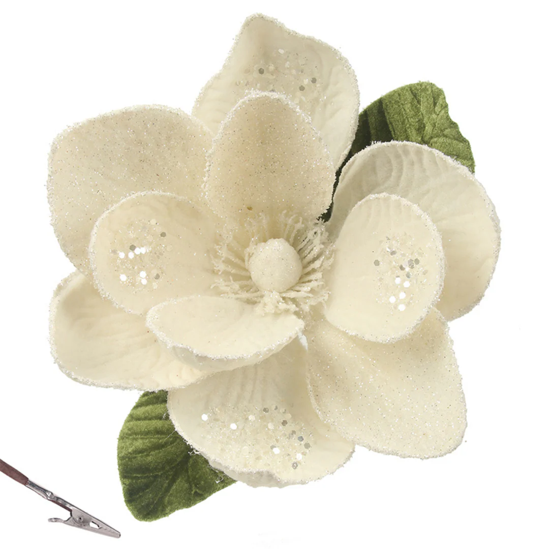 Ivory Magnolia with Leaves & Clip 24cmD