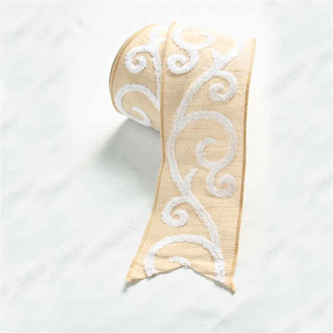 Jute Ribbon with White Towel Swirl Design with Wire Edge 10x500cm - Image 2
