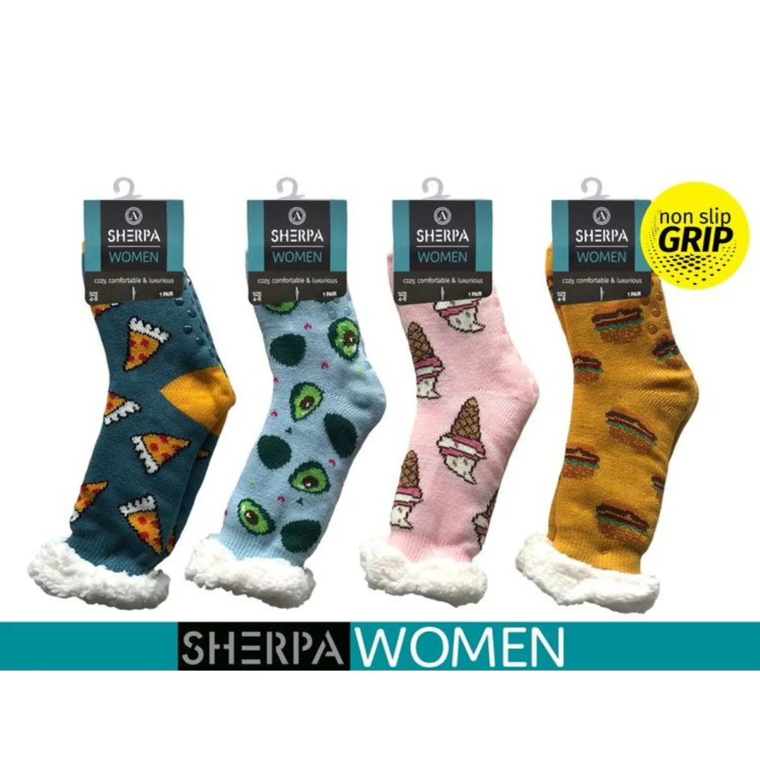Ladies Knitted Sherpa Socks Food Assorted