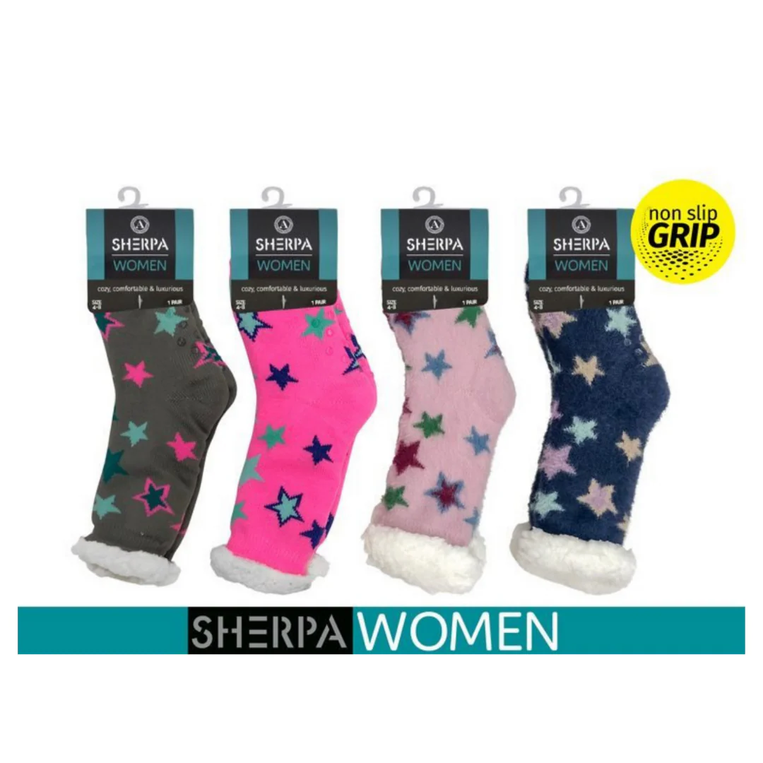 Ladies Knitted Sherpa Socks Stars Assorted