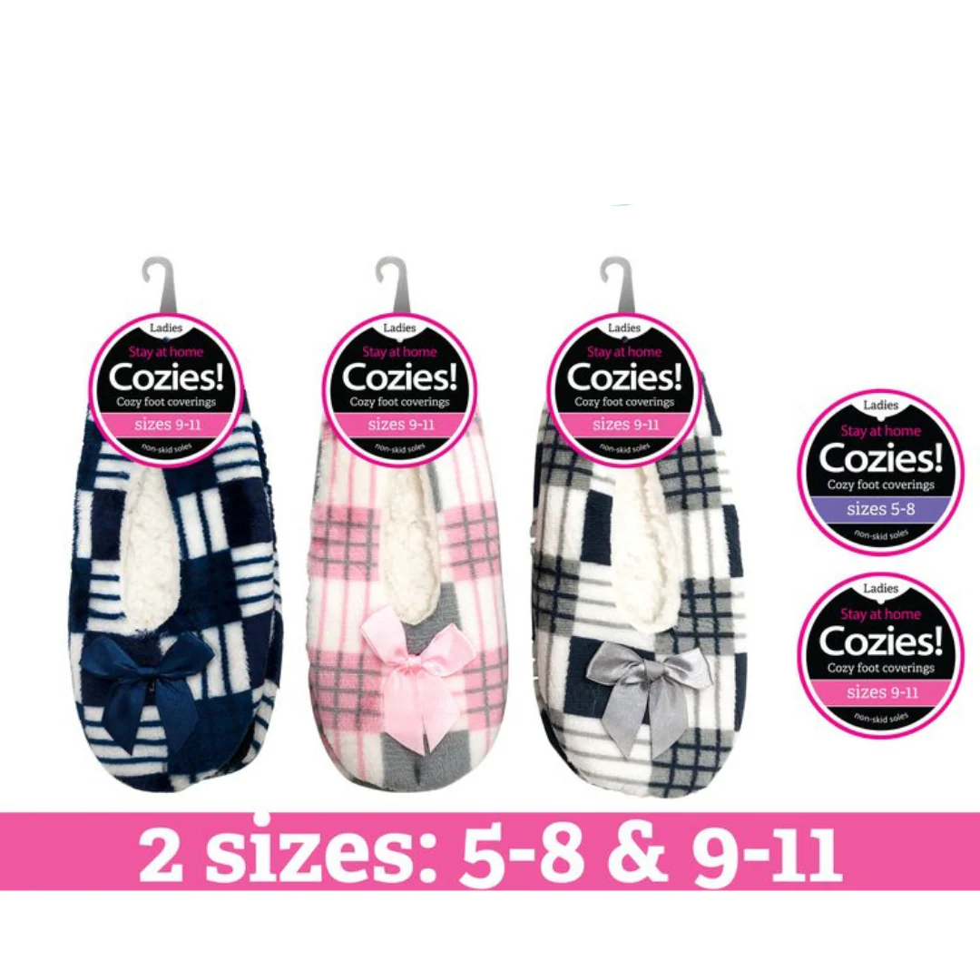 Ladies Sherpa Slippers Check with Bow Assorted