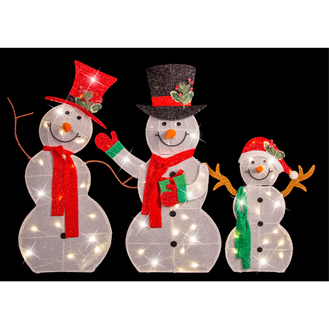 Led Mesh Tinsel Flat Snowman Family 3Pc
