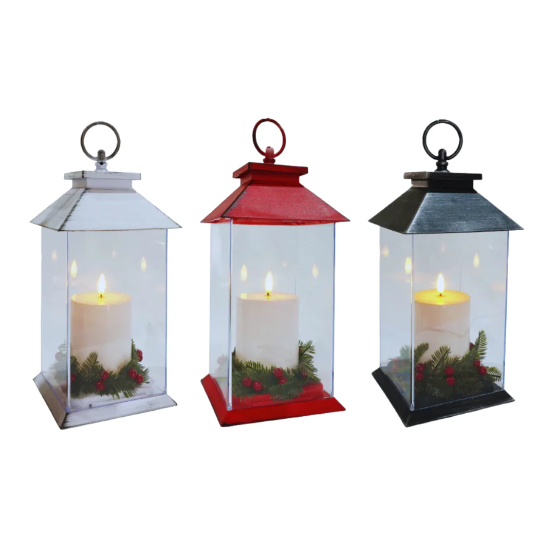 LED Pillar Candle Lantern with Berry Deco Assorted