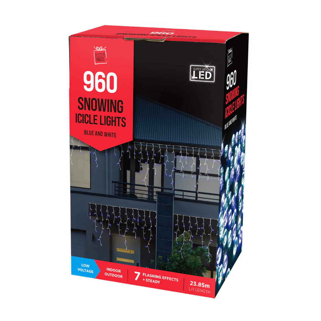 LED Snowing Icicles Timer 960 Blue-White