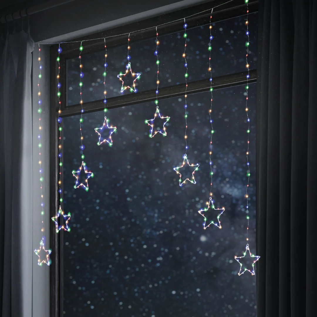 LED Wire Star Curtain 9pc Multicolour