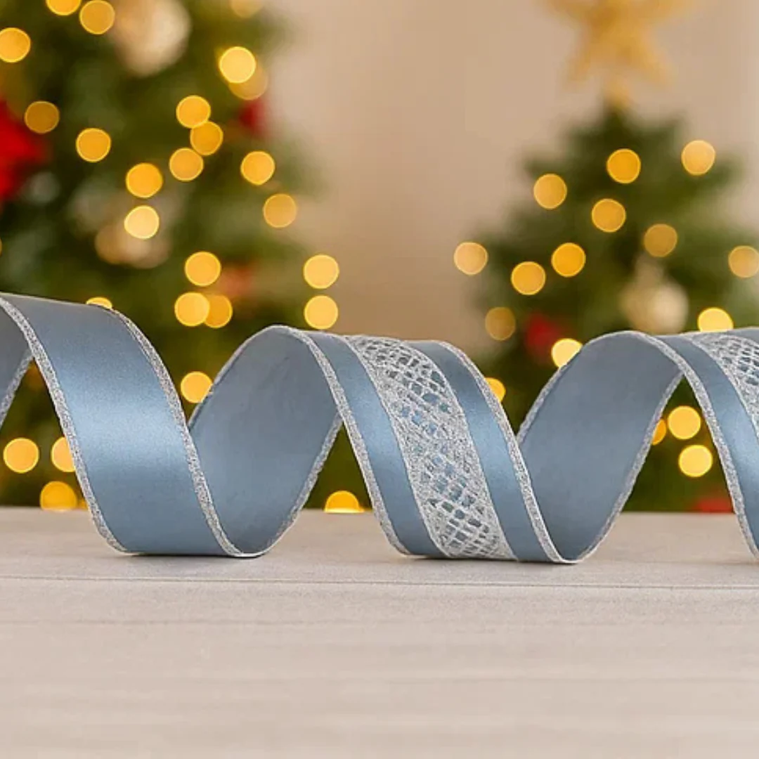 Luxe Embroidery Double Sided Wire Edge Tree Ribbon Silver 10cmxX10m