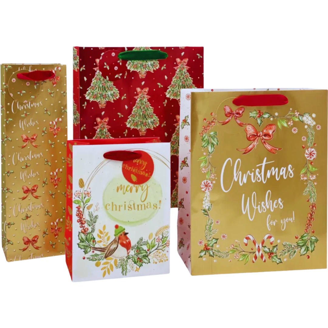 Luxurious Red and Gold Foil Christmas Gift Bag 32x26x12cm 4 Asstd
