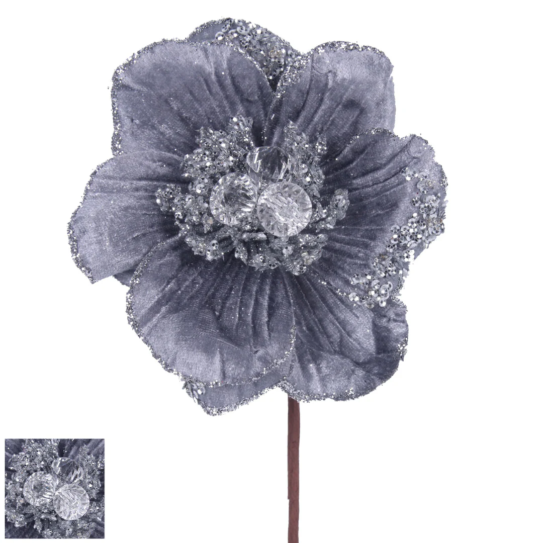 Magnolia Flower with Jewels 25cm with Stem 45cm Silver