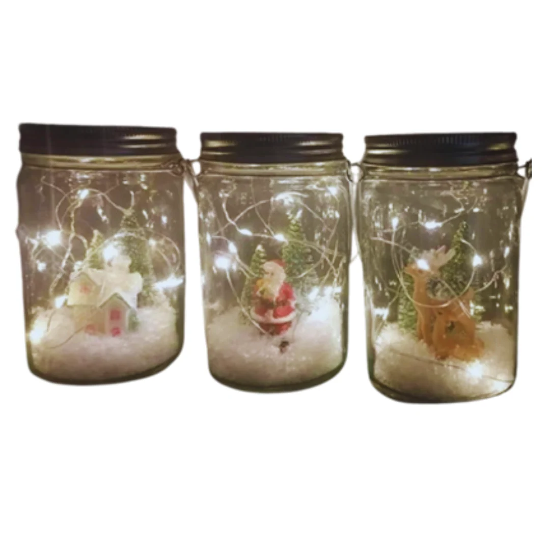Mason Jar With Snow Lights And Character Assorted