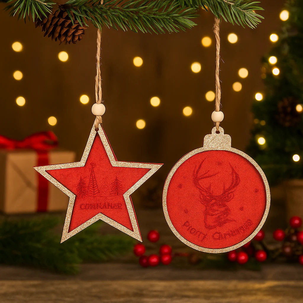 MDF Tree Ornaments with Champagne Glitter 9.8x9.3cm Burgundy Assorted