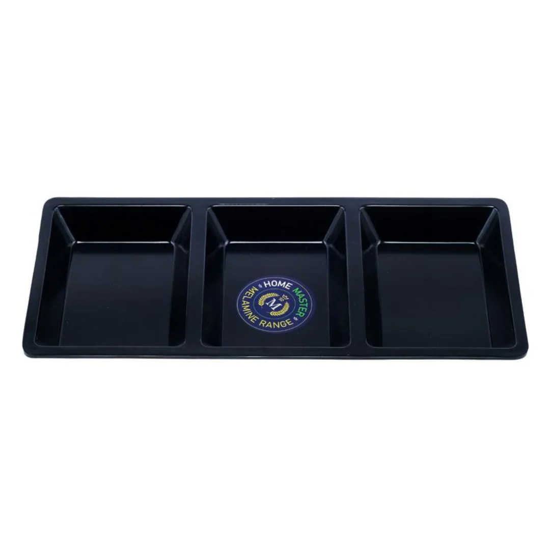 Melamine Platter Tray with 3 Section Divider Rectangular 33.5x15.5x2.5cm Black