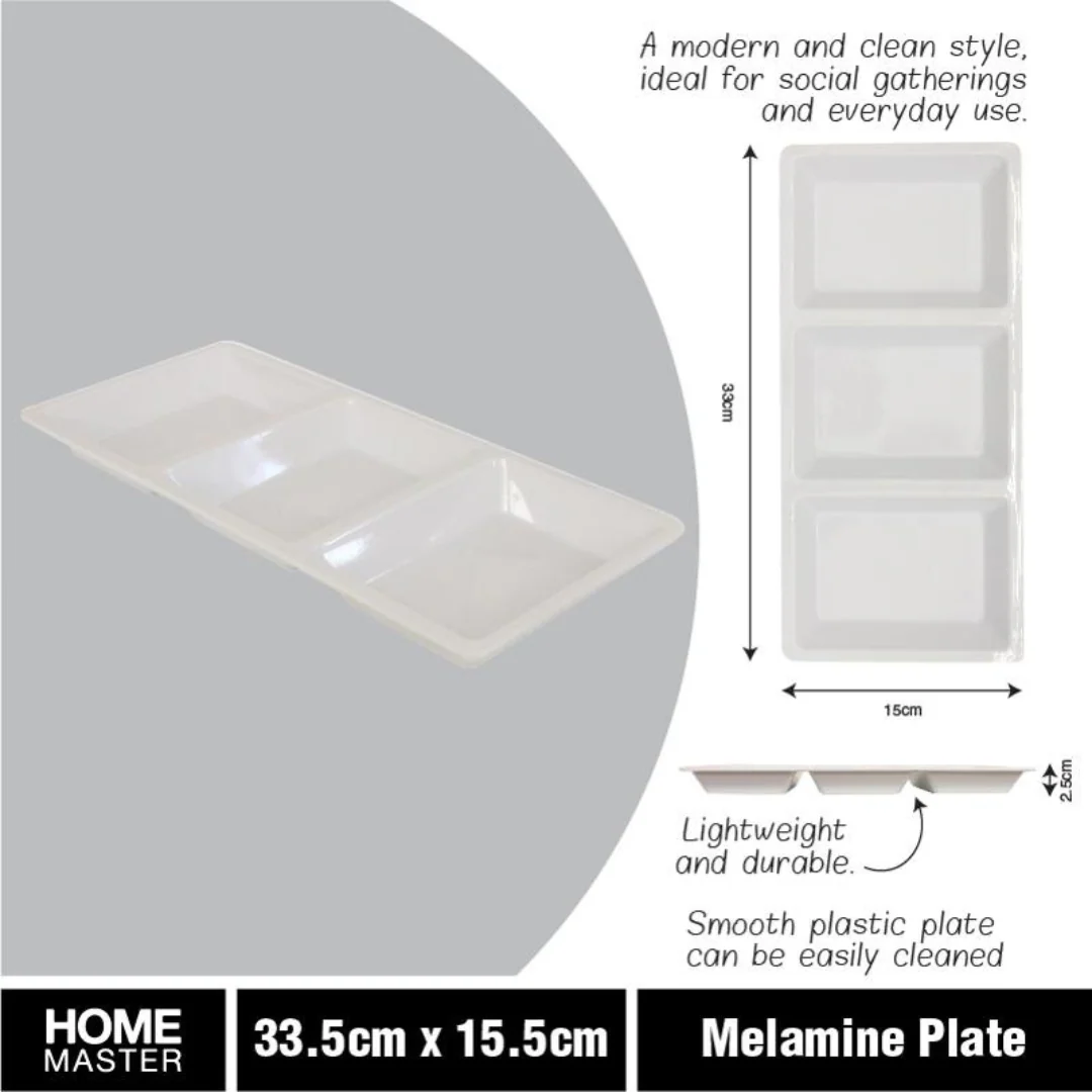 Melamine Platter Tray with 3 Section Divider Rectangular 33.5x15.5x2.5cm White