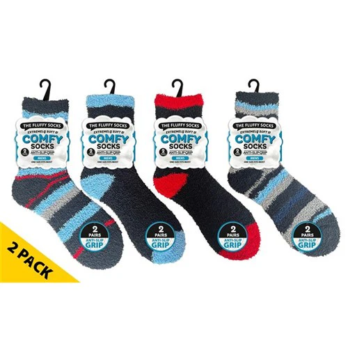 Mens Mircofiber Socks Stripe with Anti-slip 2pk Assorted
