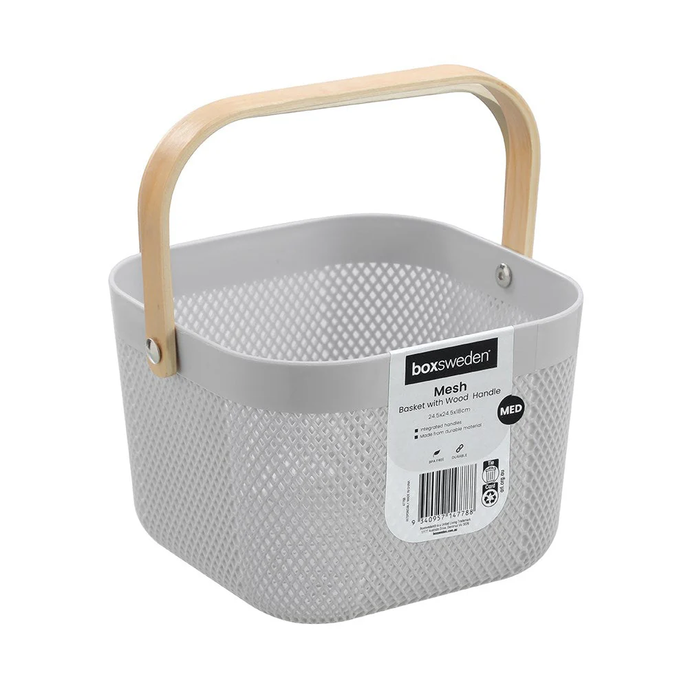 MESH PLASTIC BASKET WOOD HANDLE 8.5L 24.5X24.5X18CM