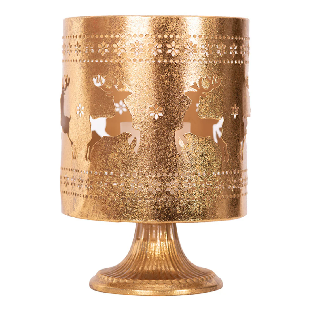 Metal Candle Holder with Reindeer Cutouts D18.5x26cm Gold