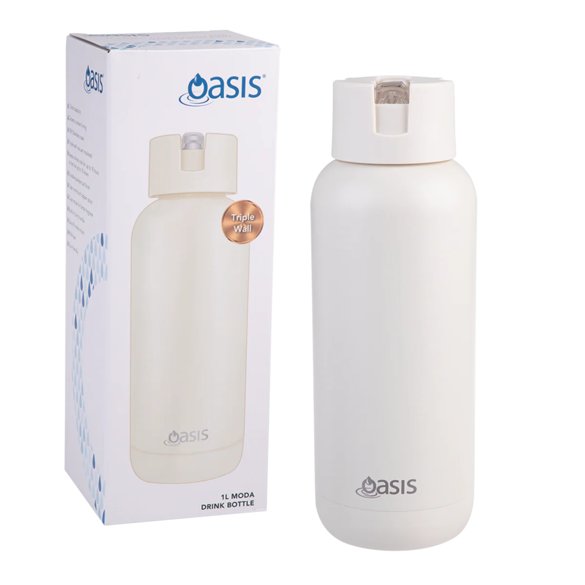 Oasis Moda Ceramic Lined Stainless Steel Triple Wall Insulated Drink Bottle with straw 1 Litre Alabaster