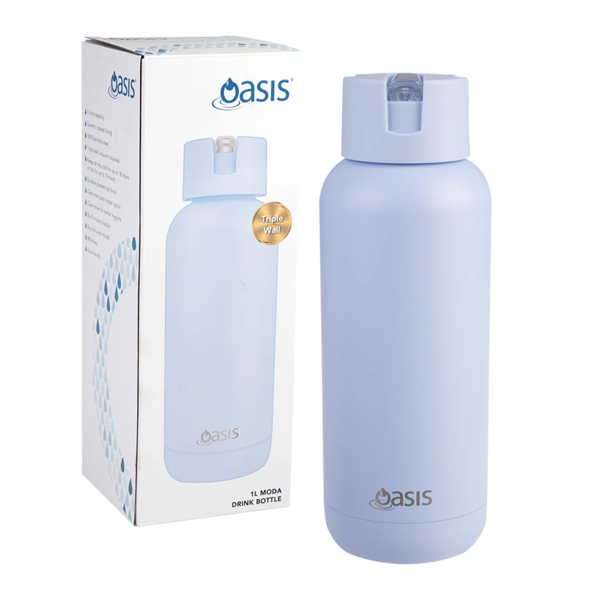 Oasis Moda Ceramic Lined Stainless Steel Triple Wall Insulated Drink Bottle with straw 1 Litre Periwinkle