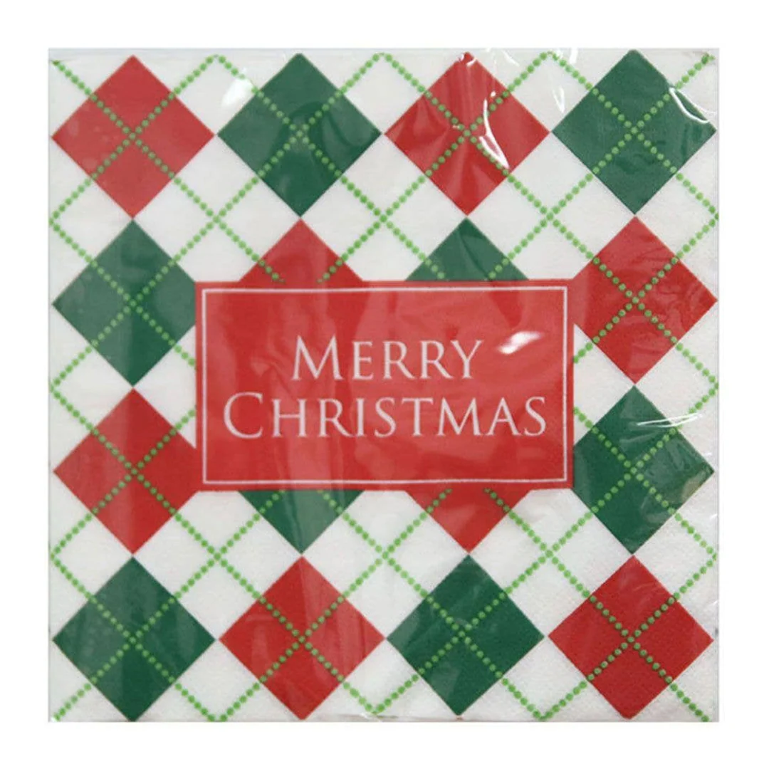 Napkin 2Ply Merry Christmas Argyle Tartan 33x33cm 20pk