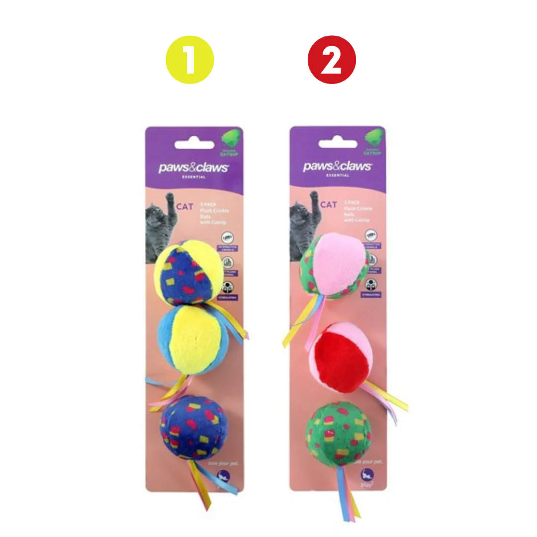 Plush Crinkle Balls 3Pk Cat Toy 2 Assorted