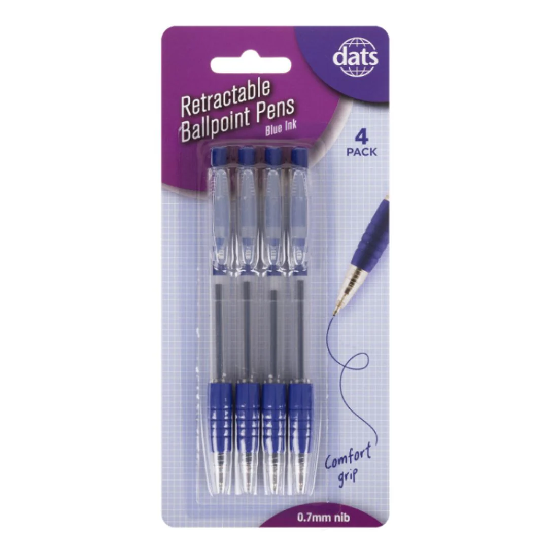 Pen Ballpoint Retractable 4pk Blue Ink