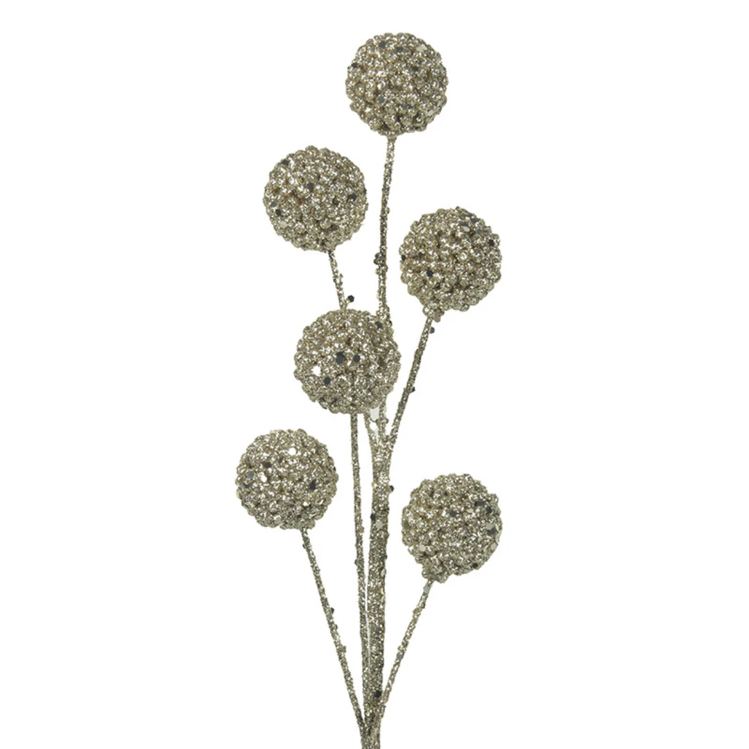 Pick with 6 Champagne Glitter Balls 3cm & 45cm Stem Champagne