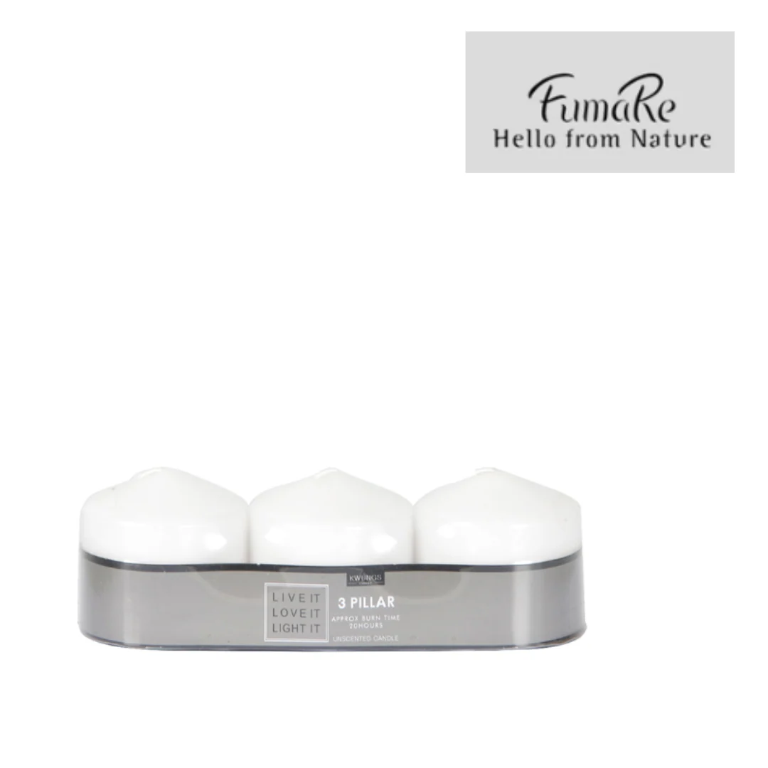 Fumare Pillar Candle 3pc 7X7cm White 1 Set Pvc Shrink Paper Tray