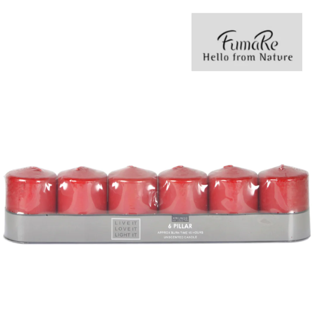 Fumare Pillar Candle 6Pc D5X7.5cmh Red 1 Set Pvc Shrink Base Card